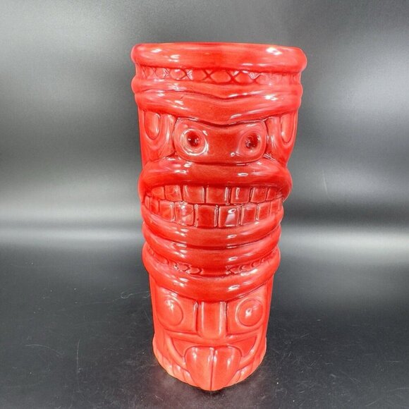 Large Ceramic Tiki God Vase Vessel Drinking Cup Red Glazed Porcelain Decor Vtg - Picture 15 of 15